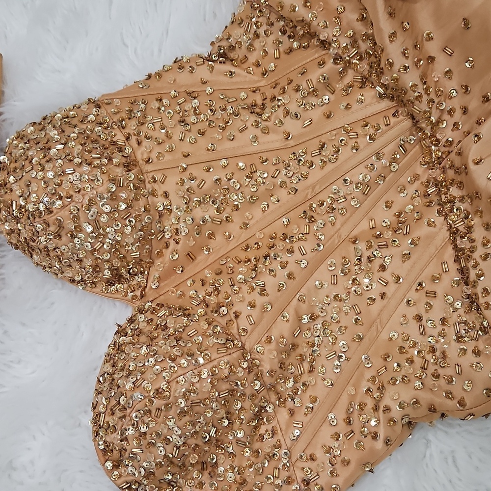 Bundle-Gold Strapless Party Dress with Scarf & Heels - Picture 3 of 14